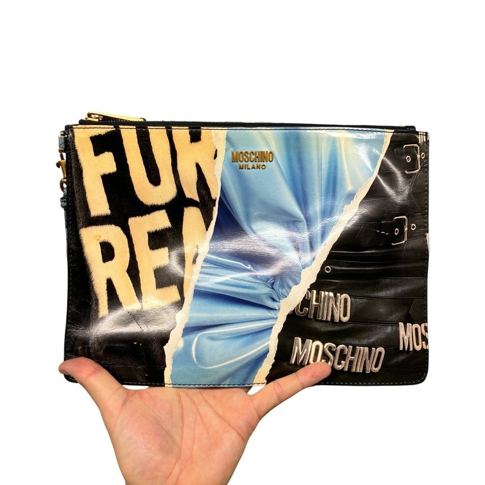 Moschino Milano Graphic Print Pouch Clutch Bag Womens OS Blue Black Luxury